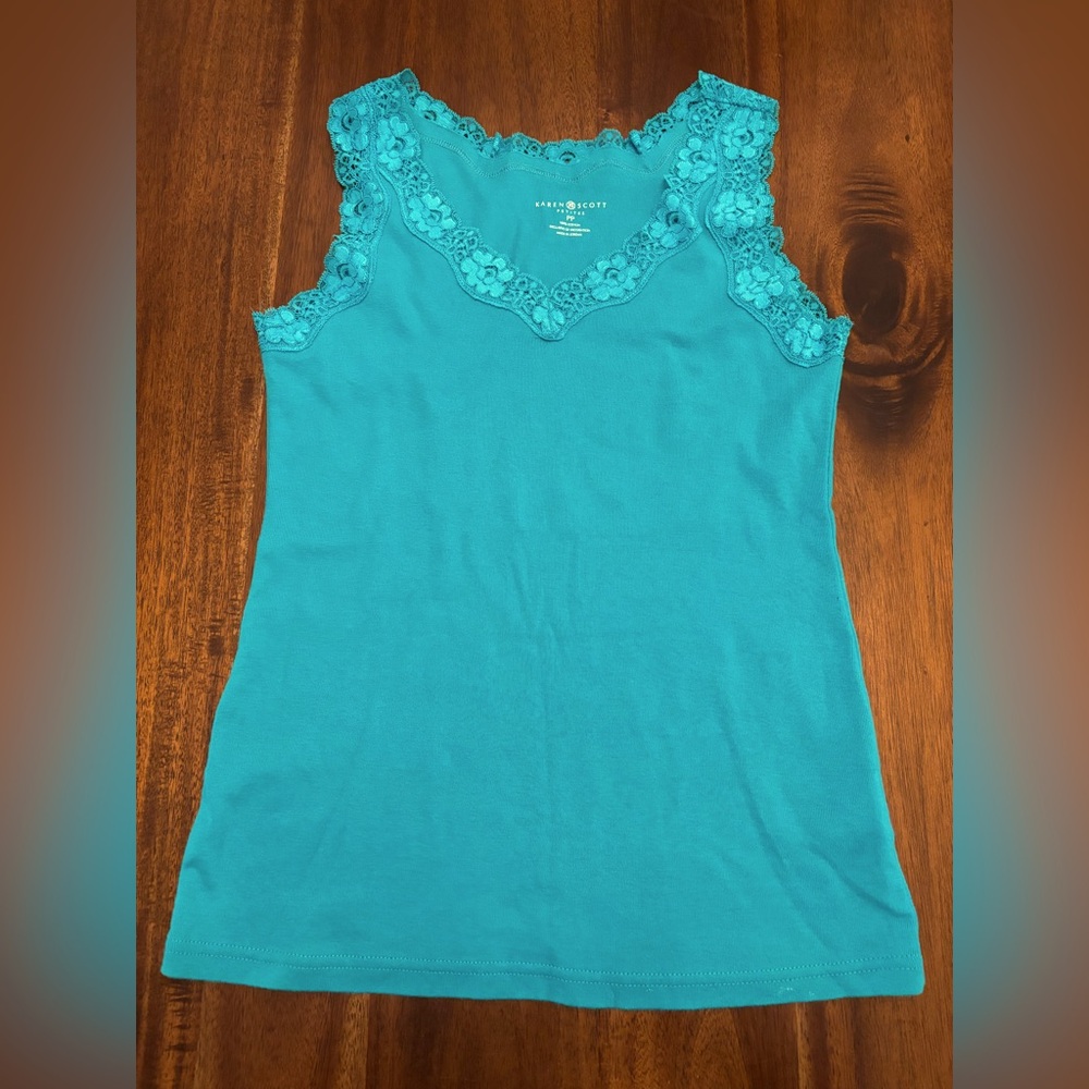 3/$12 Karen Scott Turquoise Tank Top with Lace Trim